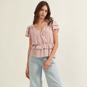 Dusty Pink NWT Peplum Blouse Short Flutter Sleeves Promesa